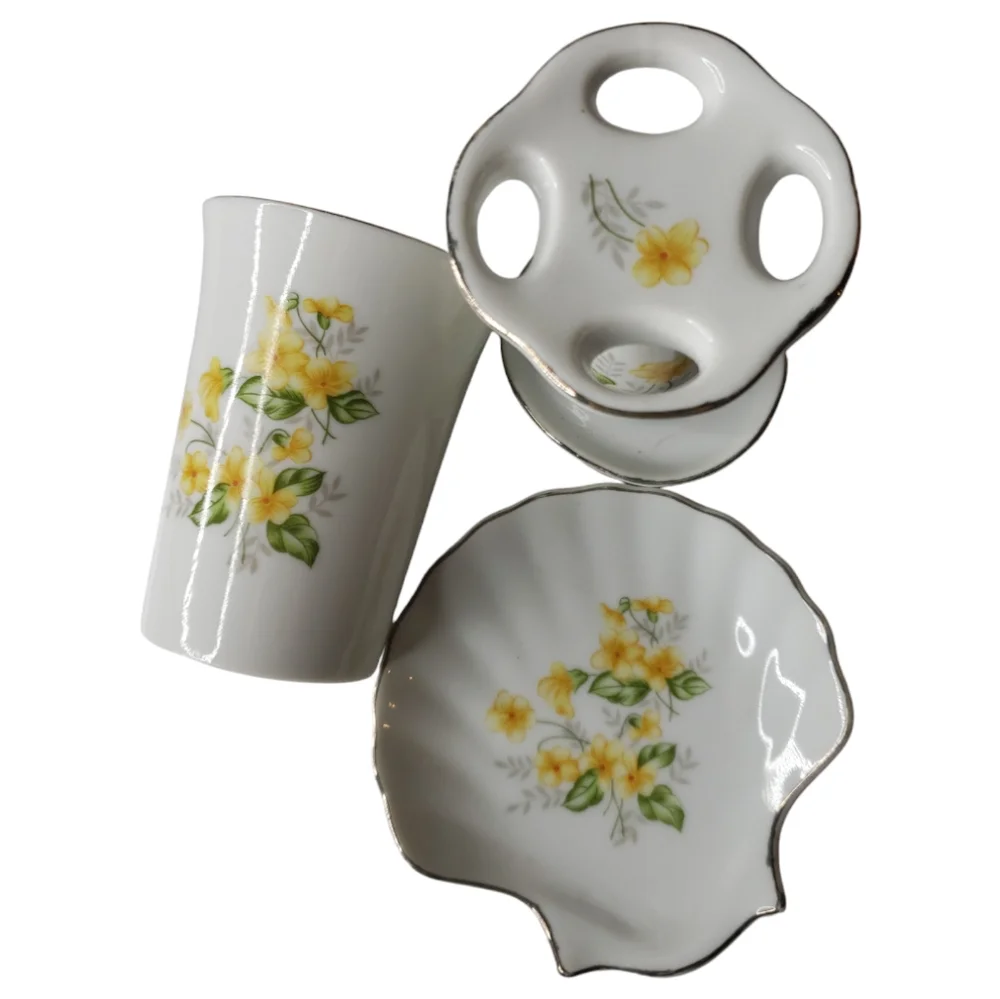 Vtg Bathroom China Porcelain Set Cup Toothbrush Stand Scalloped Soap Dish MCM
